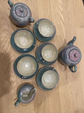 Lusterware Tea Set For 5 - Teapot, Sugar, Creamer, Cups & Saucers Japan Aqua